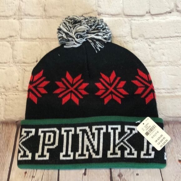 NWT Victorias Secret Pink Knit Hat Beanie Black Red Pom-Pom One Size - Picture 1 of 4